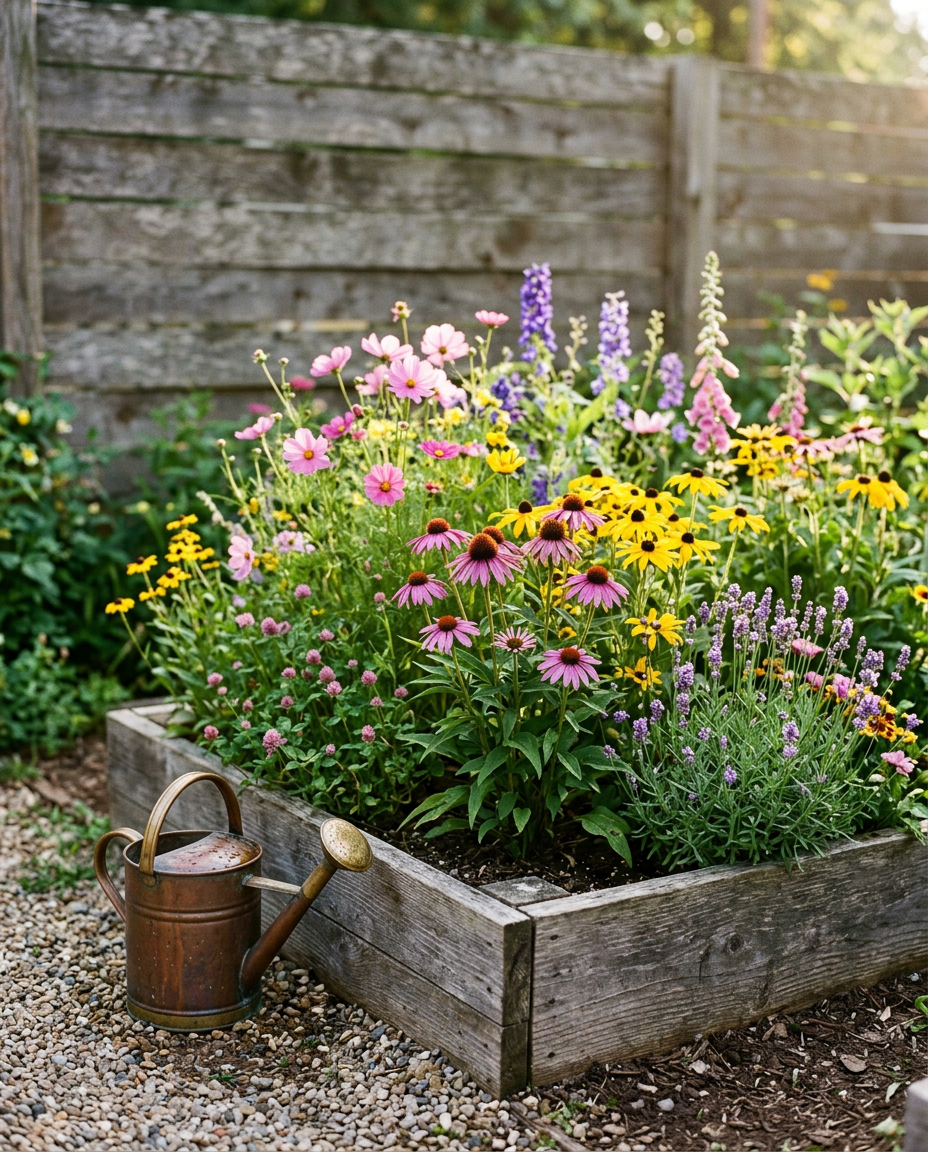 A wooden raised bed of mixed wildflowers beside a copper watering can, generated image