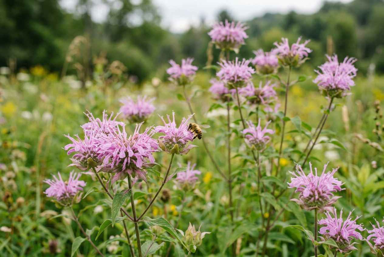 Wild bergamot with lavender blooms and a bee, generated image