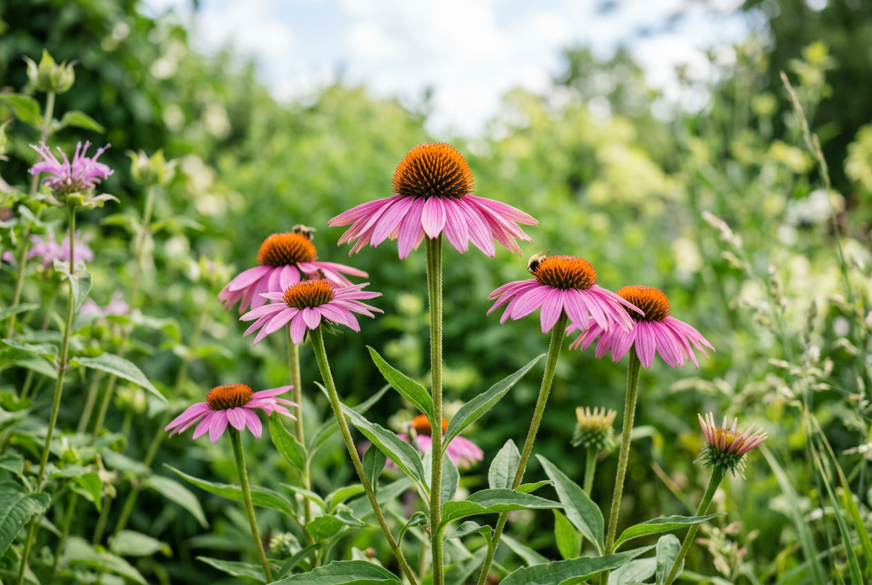 Purple coneflowers with orange centers, generated image